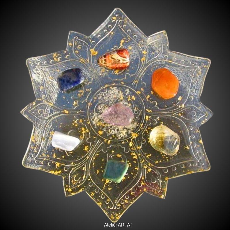 Čakrová Mandala - orgonitová podložka pro krystalovou mřížku (14 cm)