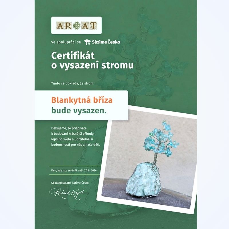Certifikát o zakoupení sazenice živého stromu jménem Blankytná Bříza
