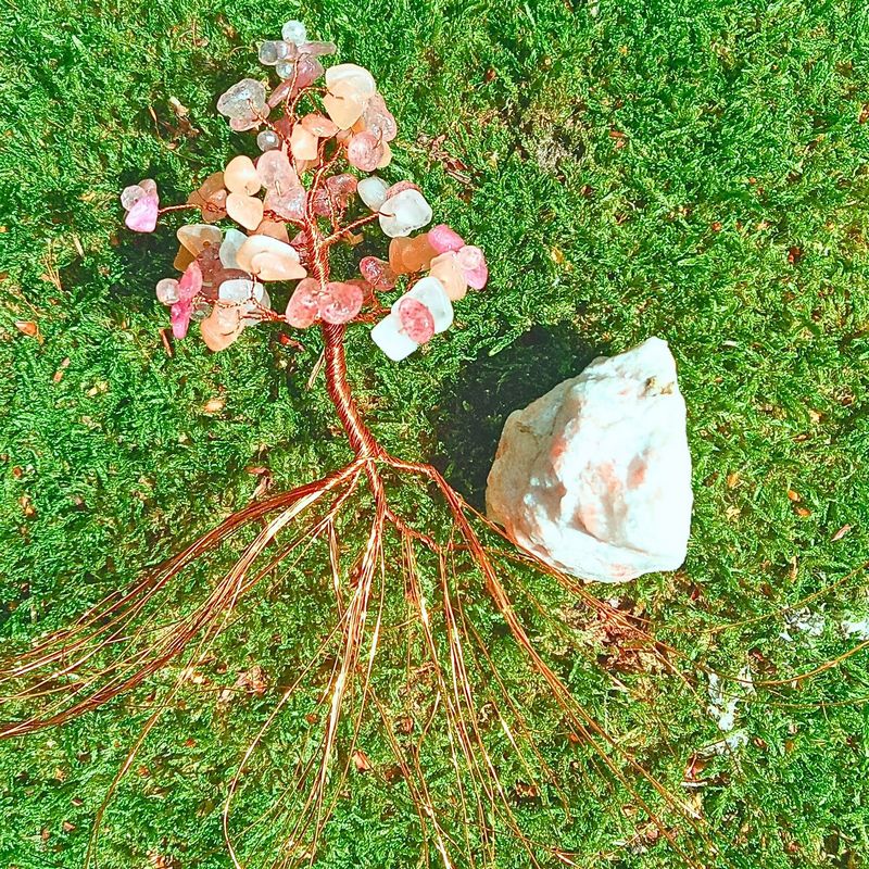 Růst drátované Stromu Života Jemné Štěstí s jahodovým křemen, rubelitem, slunečním kamen a růženínem