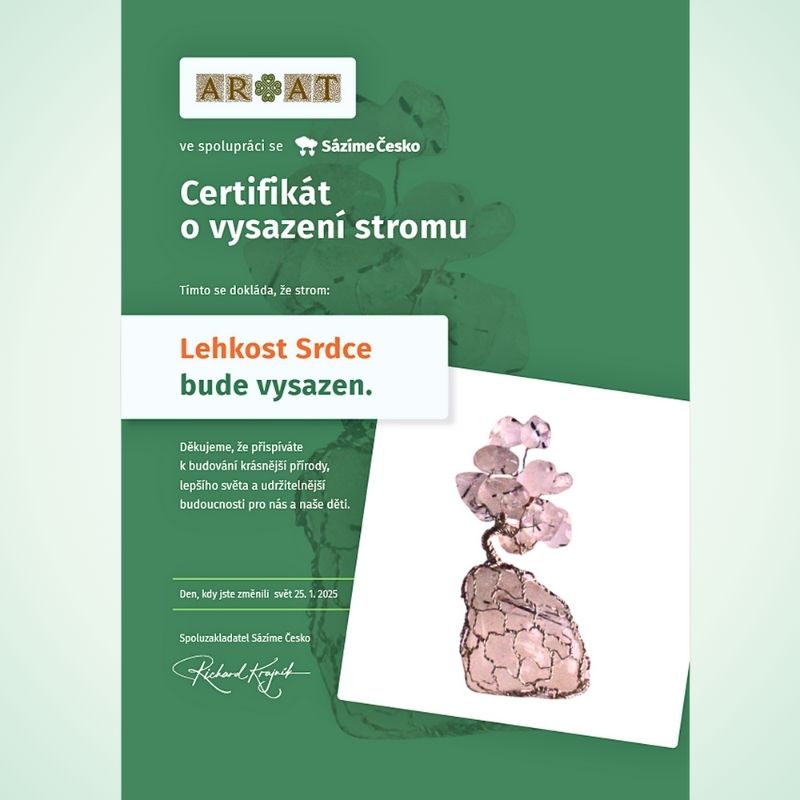 Certifikát o zakoupení sazenic živých stromů jménem Lehkosti Srdce 