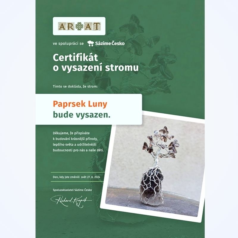 Certifikát o zakoupení sazenice živého stromu jménem Paprsek Luny