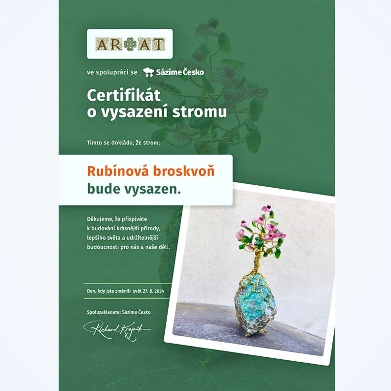 Certifikát o zakoupení sazenice živého stromu jménem Rubínová Broskvoň