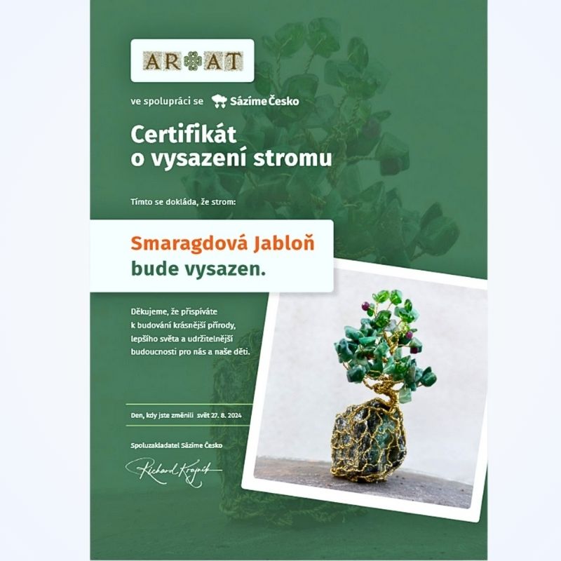 Certifikát o zakoupení sazenice živého stromu jménem Smaragdová Jabloň