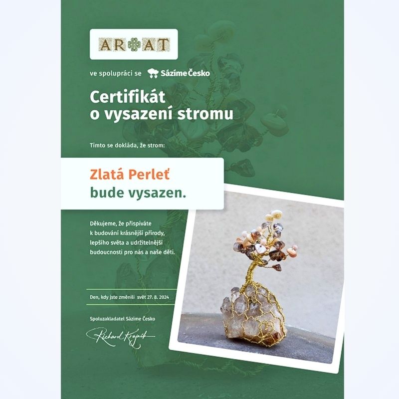 Certifikát o zakoupení sazenice živého stromu jménem Zlatá Perleť